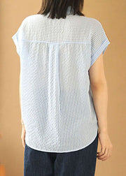 Elegant Light Blue Peter Pan Collar Striped Pocket Silk Shirts Short Sleeve