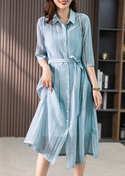 Elegant Light Blue Peter Pan Collar Tie Waist Solid Linen Maxi Dresses Summer