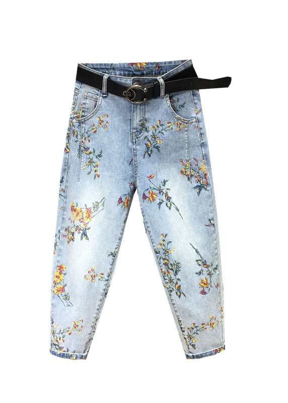 Elegant Light Blue Print Patchwork Crop Jeans Fall