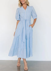 Elegant Light Blue V Neck Pockets Cotton Long Dress Summer