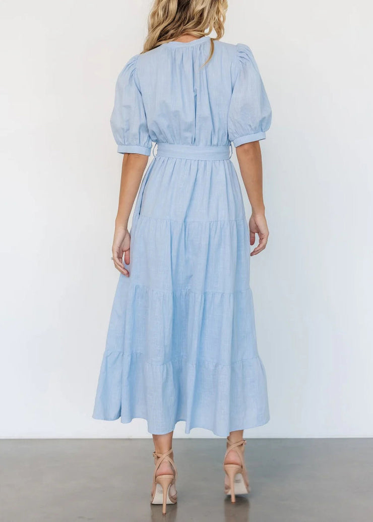 Elegant Light Blue V Neck Pockets Cotton Long Dress Summer