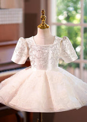 Elegant Light Champagne Square Collar Sequins Tulle Kids Long Dress Short Sleeve