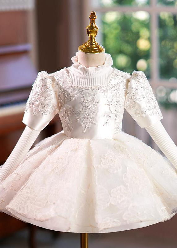 Elegant Light Champagne Square Collar Sequins Tulle Kids Long Dress Short Sleeve