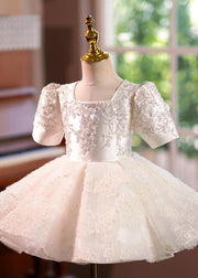 Elegant Light Champagne Square Collar Sequins Tulle Kids Long Dress Short Sleeve