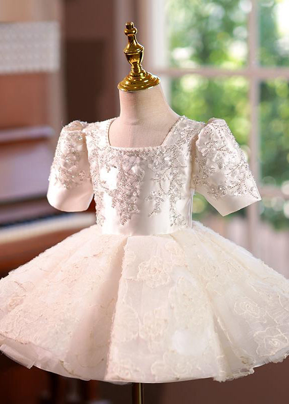 Elegant Light Champagne Square Collar Sequins Tulle Kids Long Dress Short Sleeve