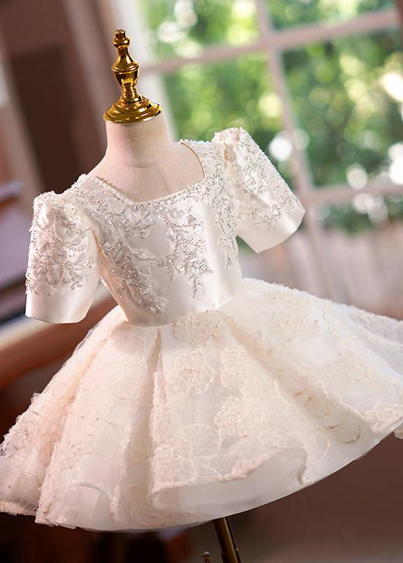 Elegant Light Champagne Square Collar Sequins Tulle Kids Long Dress Short Sleeve