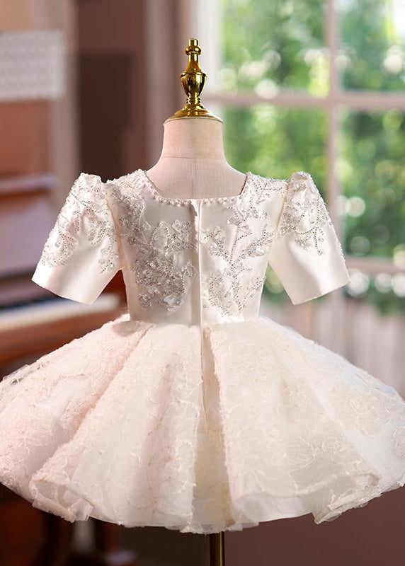 Elegant Light Champagne Square Collar Sequins Tulle Kids Long Dress Short Sleeve