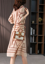 Elegant Light Coffee O-Neck Striped Side Open Silk Maxi Dress Half Sleeve