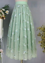 Elegant Light Green Butterfly Embroideried High Waist Tulle Maxi Skirts Spring