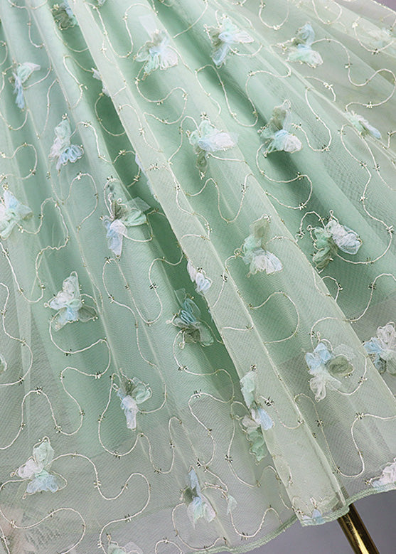 Elegant Light Green Butterfly Embroideried High Waist Tulle Maxi Skirts Spring