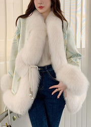 Elegant Light Green Fox Collar Embroidered Leather And Fur Coats Winter