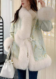 Elegant Light Green Fox Collar Embroidered Leather And Fur Coats Winter