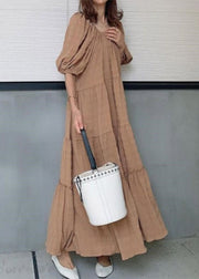 Elegant Light Green O-Neck Patchwork Wrinkled Maxi Dresses Puff Sleeve