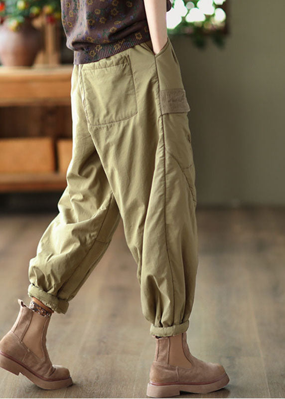 Elegant Light Green Pockets Patchwork Fleece Harem Pants