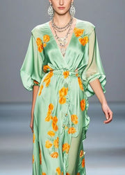 Elegant Light Green Ruffled Print Silk Long Dress Spring