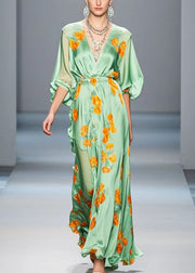 Elegant Light Green Ruffled Print Silk Long Dress Fall