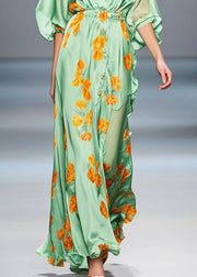 Elegant Light Green Ruffled Print Silk Long Dress Spring