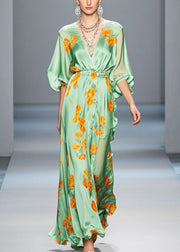 Elegant Light Green Ruffled Print Silk Long Dress Spring