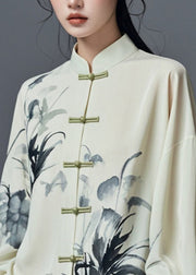 Elegant Light Green Stand Collar Print Cotton Shirt Fall