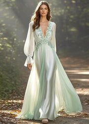 Elegant Light Green V Neck Front Open Chiffon Long Dress Spring