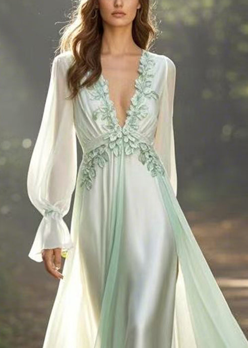 Elegant Light Green V Neck Front Open Chiffon Long Dress Spring