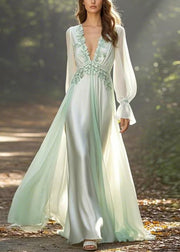 Elegant Light Green V Neck Front Open Chiffon Long Dress Spring