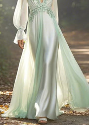 Elegant Light Green V Neck Front Open Chiffon Long Dress Spring