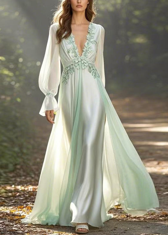 Elegant Light Green V Neck Front Open Chiffon Long Dress Spring