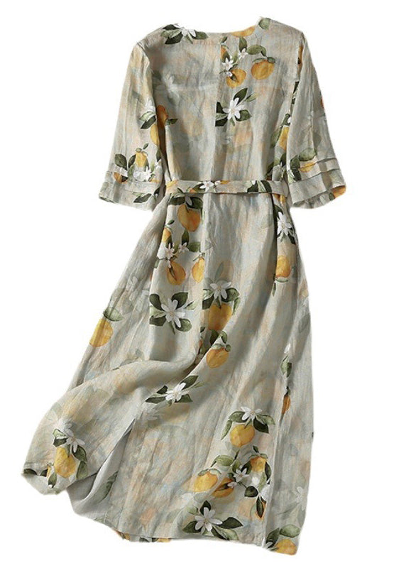 Elegant Light Green V Neck Print Lace Up Linen Long Dresses Summer