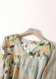 Elegant Light Green V Neck Print Lace Up Linen Long Dresses Summer