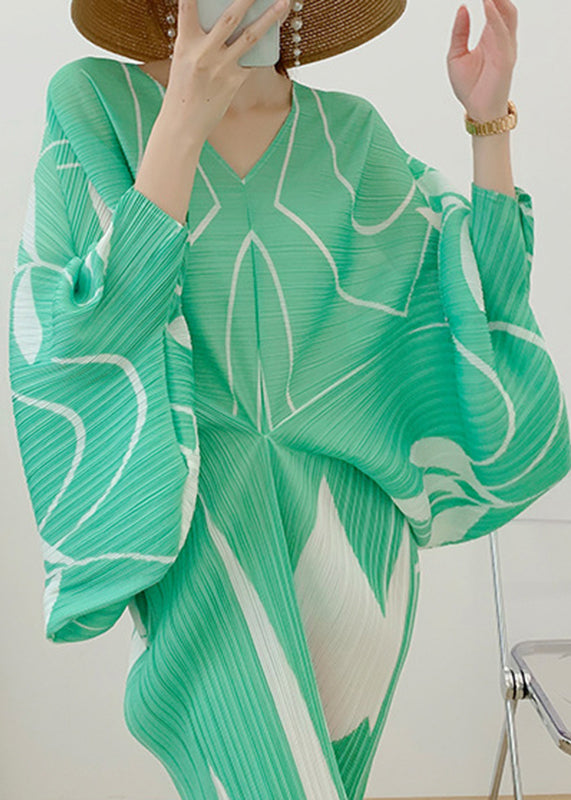 Elegant Light Green V Neck Print Wrinkled Vacation Dresses Long Sleeve