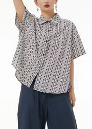 Elegant Light Grey Peter Pan Collar Print Cotton Shirt Top Short Sleeve