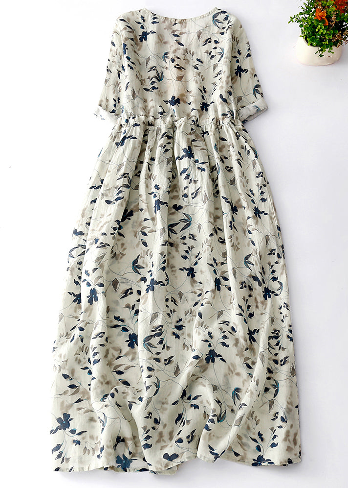 Elegant Light Grey Print Lace Up Cotton Dresses Summer