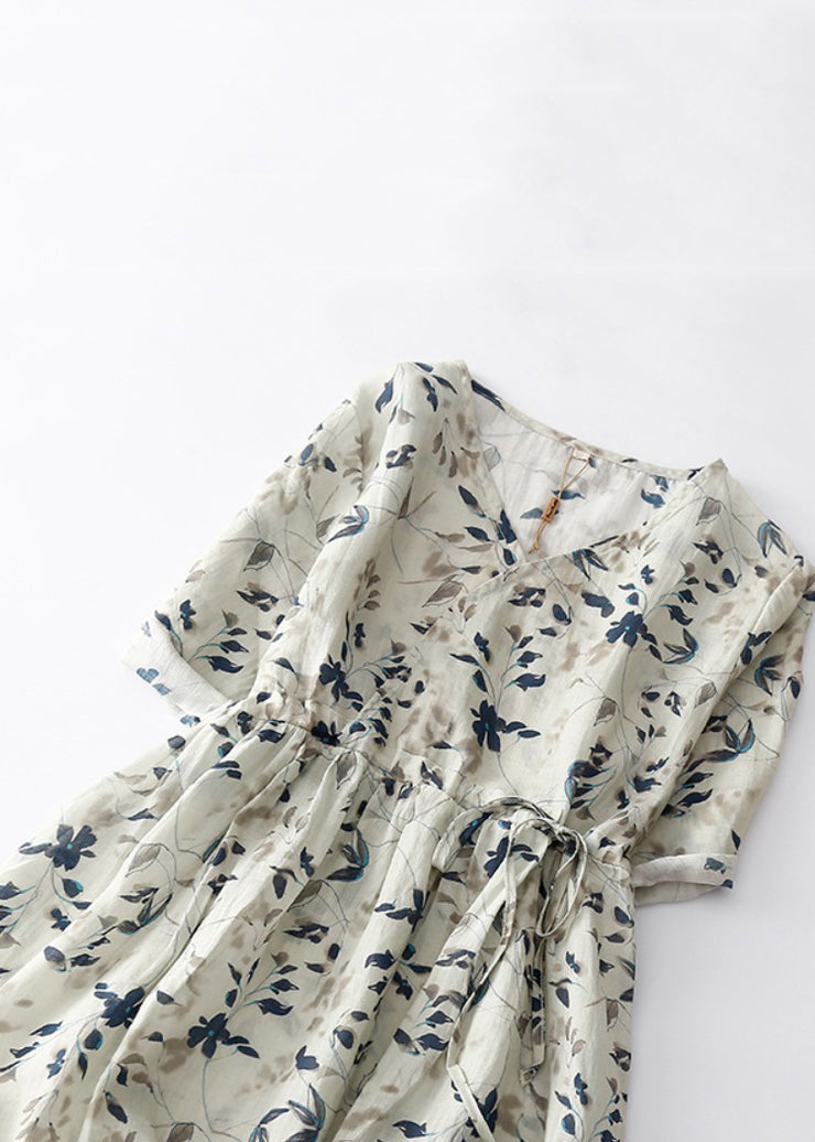 Elegant Light Grey Print Lace Up Cotton Dresses Summer