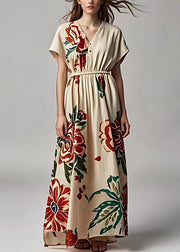 Elegant Light Khaki V Neck Print Cotton Long Dresses Summer
