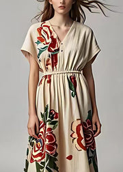 Elegant Light Khaki V Neck Print Cotton Long Dresses Summer