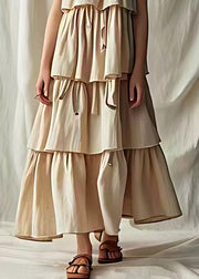 Elegant Light Khaki Wrinkled Solid Cotton Spaghetti Strap Dress Sleeveless