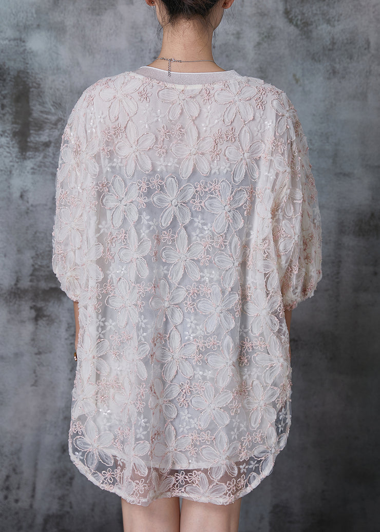 Elegant Light Pink Embroideried Floral Tulle Tanks Summer