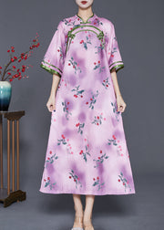 Elegant Light Purple Print Chinese Style Long Dresses Half Sleeve