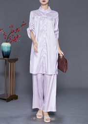 Elegant Light Purple Ruffled Tasseled Silk Two Pieces Set Fall