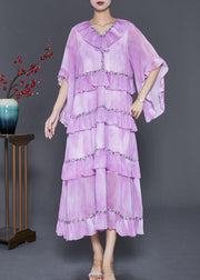 Elegant Light Purple Ruffled Tie Dye Chiffon Maxi Dresses Summer