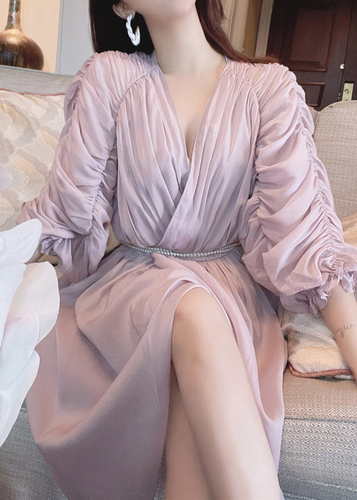 Elegant Light Purple V Neck Asymmetrical Pearl Tie Waist Silk Maxi Dress Puff Sleeve