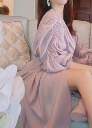 Elegant Light Purple V Neck Asymmetrical Pearl Tie Waist Silk Maxi Dress Puff Sleeve