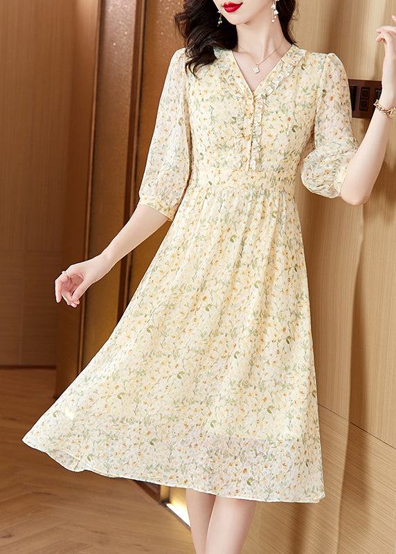 Elegant Light Yellow V Neck Print Chiffon Dresses Summer