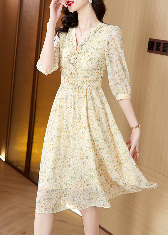 Elegant Light Yellow V Neck Print Chiffon Dresses Summer