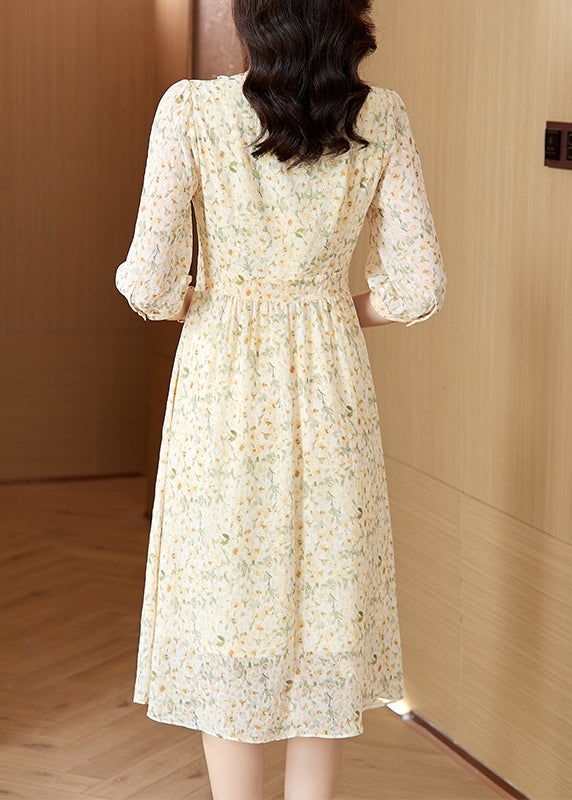 Elegant Light Yellow V Neck Print Chiffon Dresses Summer