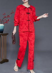 Elegant Mulberry Chinese Button Jacquard Cotton Two-Piece Set Fall
