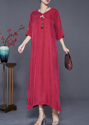 Elegant Mulberry Embroidered Side Open Silk Maxi Dresses Summer