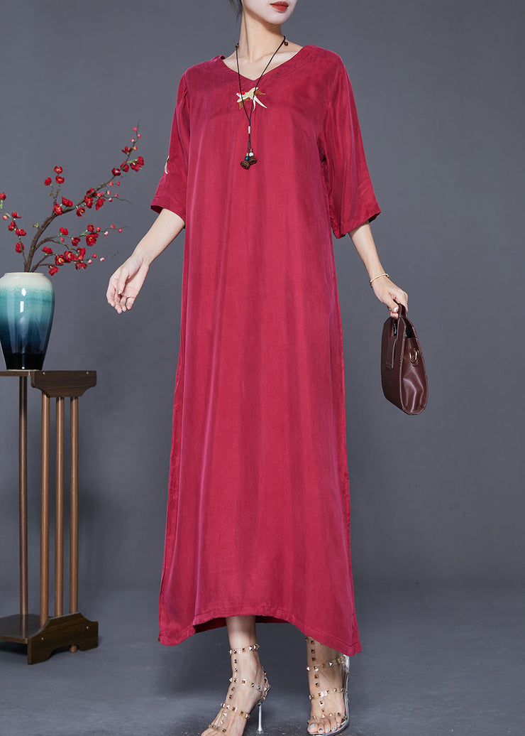 Elegant Mulberry Embroidered Side Open Silk Maxi Dresses Summer