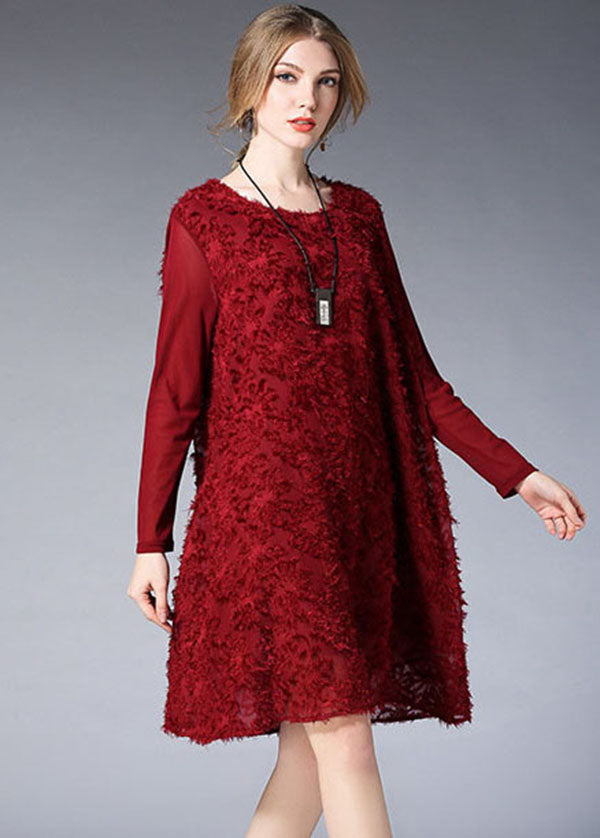 Elegant Mulberry O-Neck Jacquard Chiffon Vacation Dresses Long Sleeve